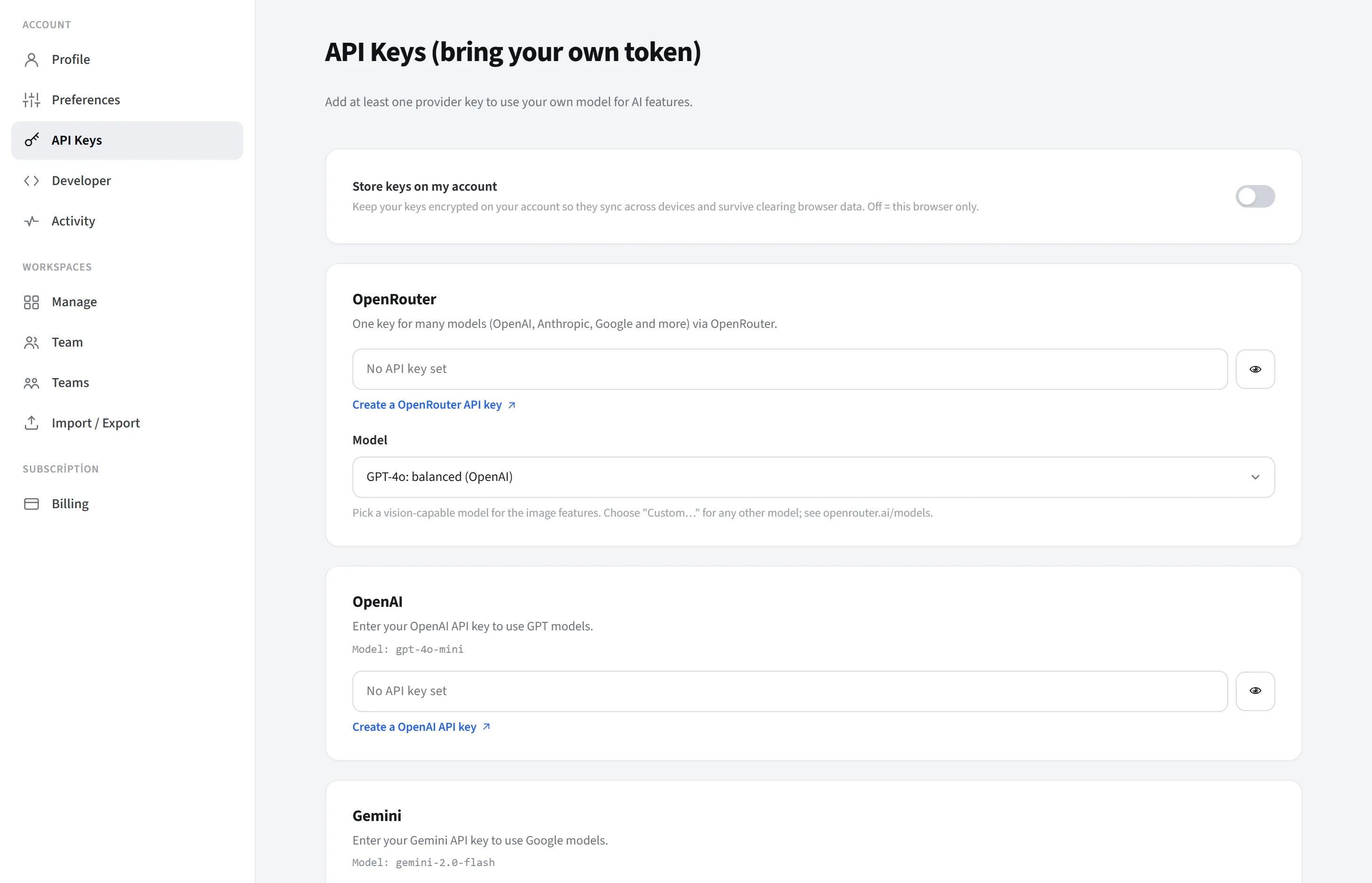 Hesap ayarları → API Anahtarları bölümü