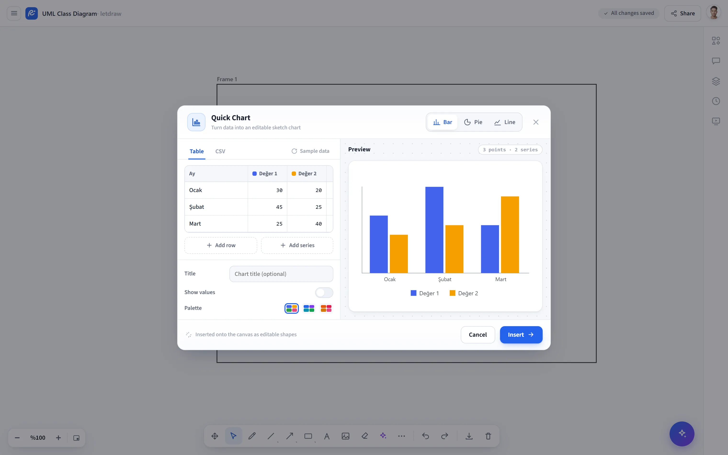 Hızlı Grafik: veri tablosu ve grafik önizlemesi