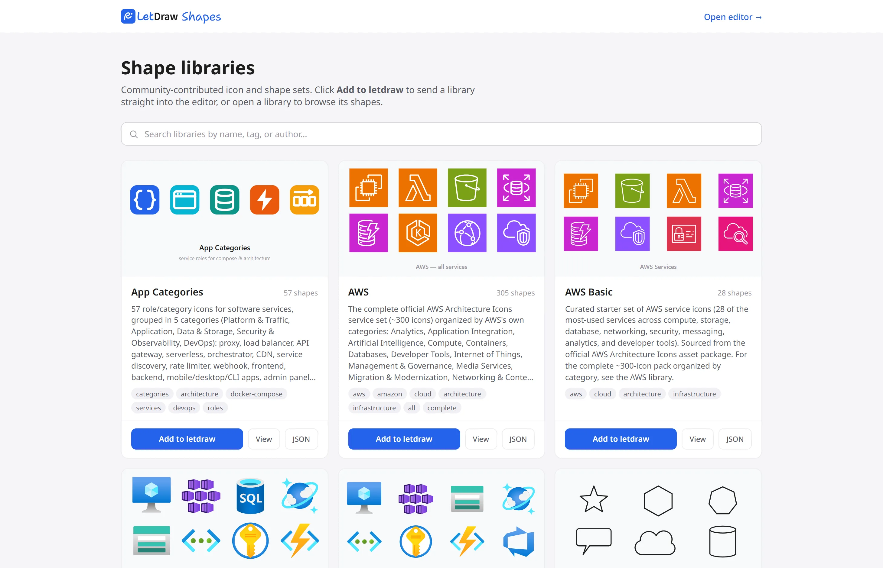shapes.letdraw.com ana sayfası: kütüphane kartları ızgarası
